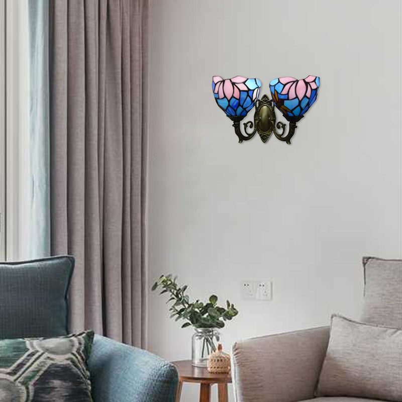 Tiffany-Style Lotus Wall Light - Stained Glass 2-Bulb Traditional Sconce In Blue & Pink Blue-Pink