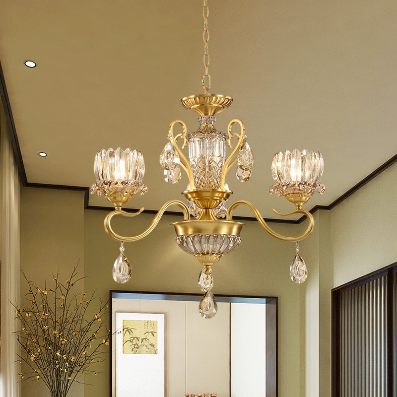 Modern Lotus Beveled Glass Crystal Chandelier With Gold Finish And 3-Bulb Suspension