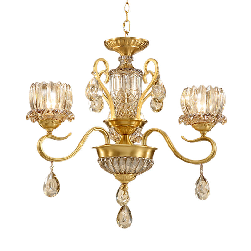 Modern Lotus Beveled Glass Crystal Chandelier With Gold Finish And 3-Bulb Suspension