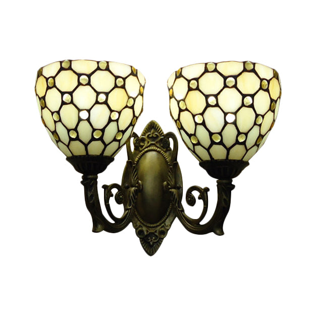 Tiffany Vintage Beige Wall Lamp With 2 Glass Heads: Restaurant Grid Shade Sconce Light