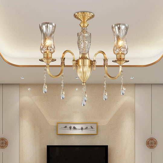 Modern Prismatic Crystal Pendant Chandelier For Living Room 3-Head Gold Lighting Fixture