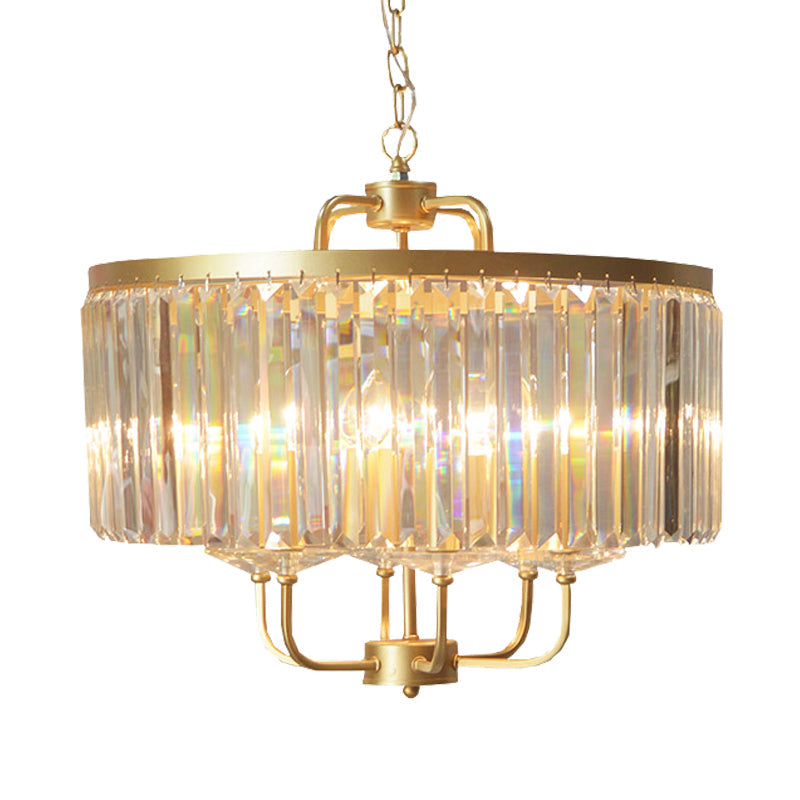Contemporary Gold Drum Crystal Block Chandelier - Stunning 6-Head Suspended Lighting For Guest Room