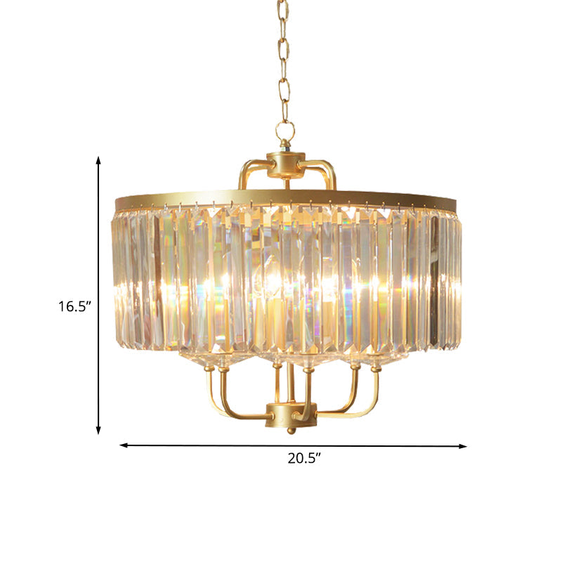 Contemporary Gold Drum Crystal Block Chandelier - 6-Head Ceiling Lighting Fixture for Guest Room