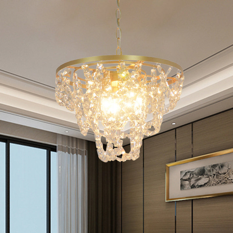 Nordic Gold Chandelier with Beveled Crystal Prisms - Chain Hung Pendant Light, 3 Lights