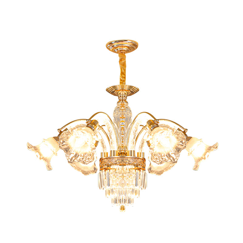 European Crystal Flute Chandelier - 6-Bulb Gold Suspension Lamp
