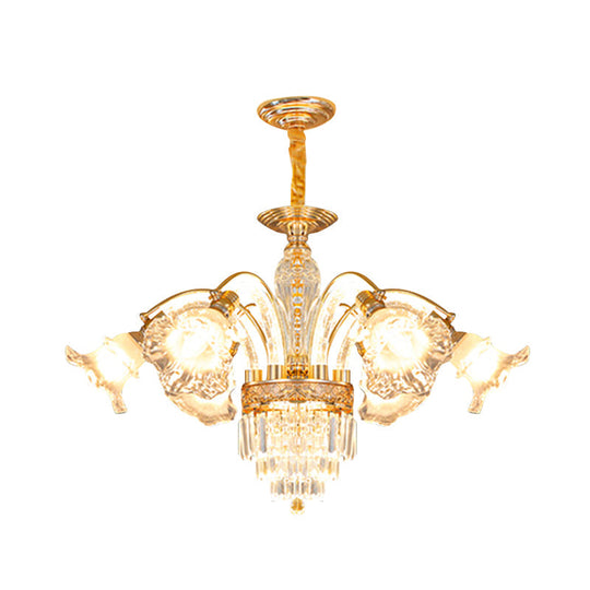 European Flute Crystal Chandelier - Gold Suspension Lamp With 6 Bulbs