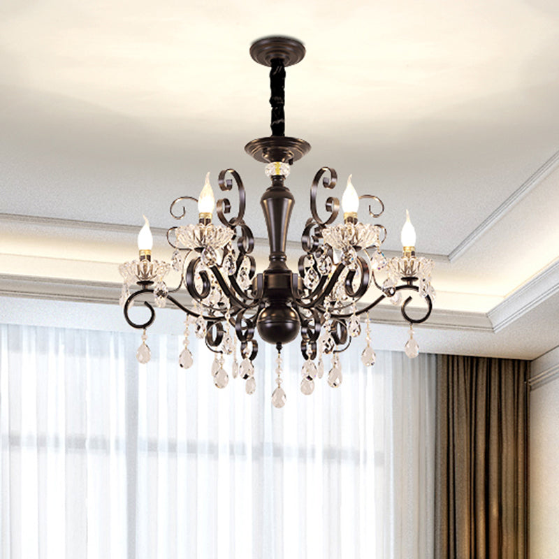 Traditional 6-Light Candlestick Chandelier: Black Faceted Ball Suspension Lamp