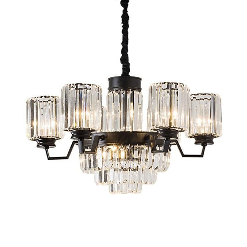 Modern Fluted Glass Rods Pendant Chandelier with 9 Bulbs and Cylindrical Shade in Black