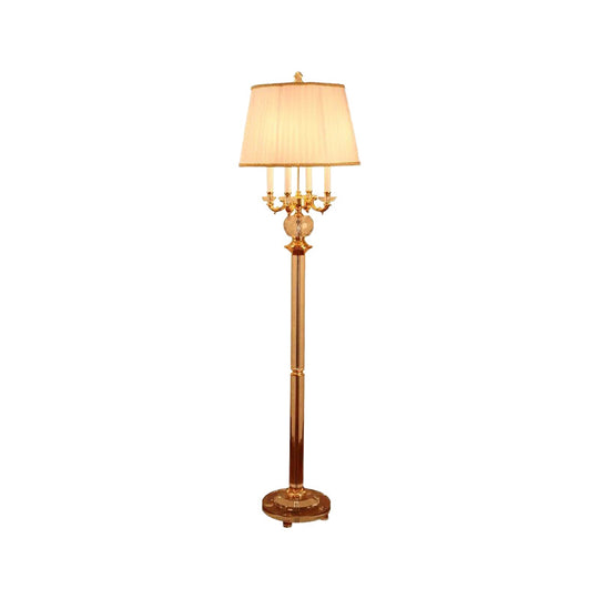 Gold Nordic Candle Floor Lamp With Crystal Single Bulb & Beige Fabric Shade