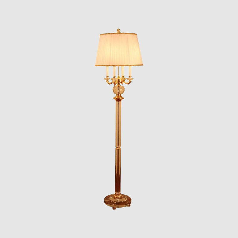 Gold Nordic Candle Floor Lamp With Crystal Single Bulb & Beige Fabric Shade