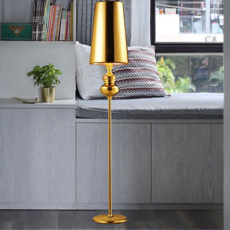 Contemporary Calabash-Shaped Floor Reading Lamp With Metal Frame 1 Head And Fabric Conical Shade