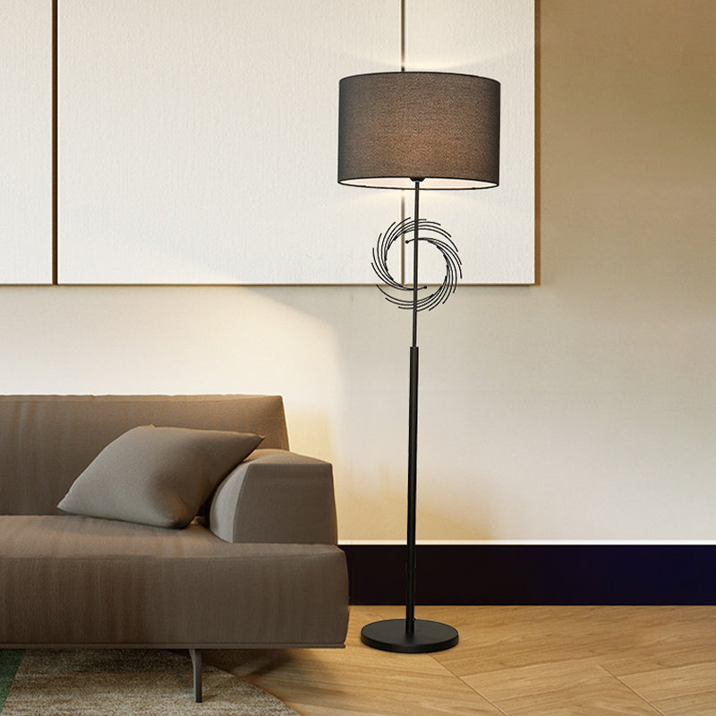Sleek White/Black Circle Floor Light: Simplicity 1 Bulb Metal Standing Lamp With Fabric Drum Shade