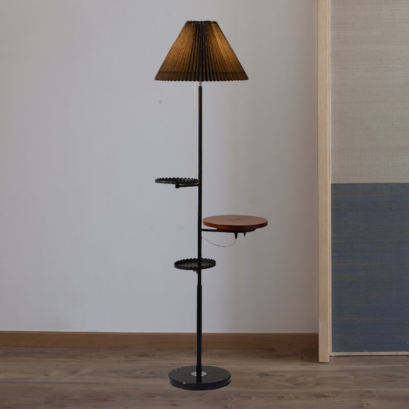 Modern Cone Stand Up Lamp: 1-Bulb Floor Reading Light With Wood Shelves In Black