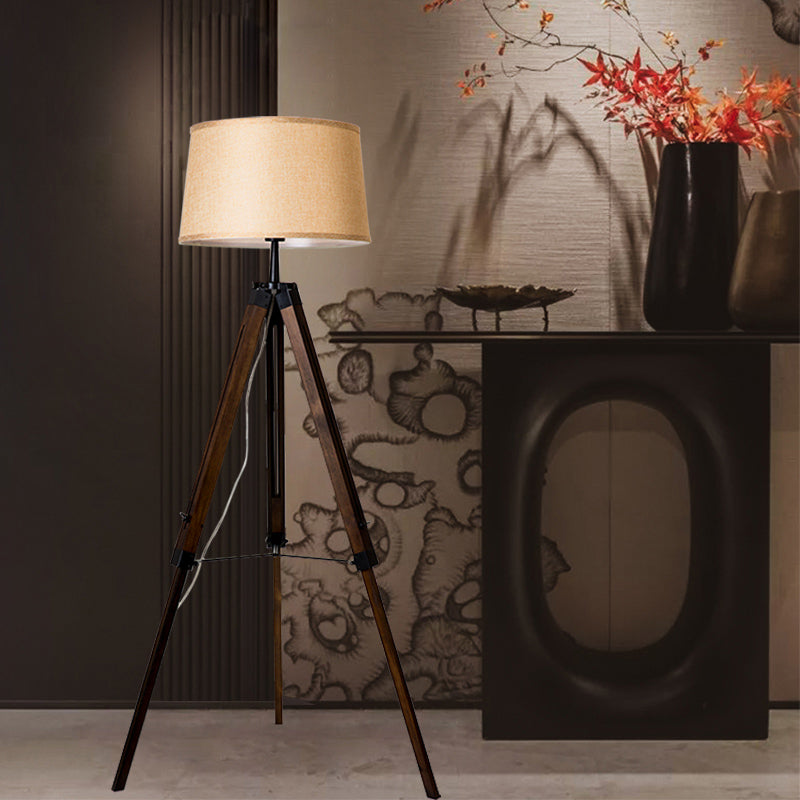 Floor Reading Lamp - Simplicity Single Head Wood Barrel With Tri-Leg Standing Light Distressed