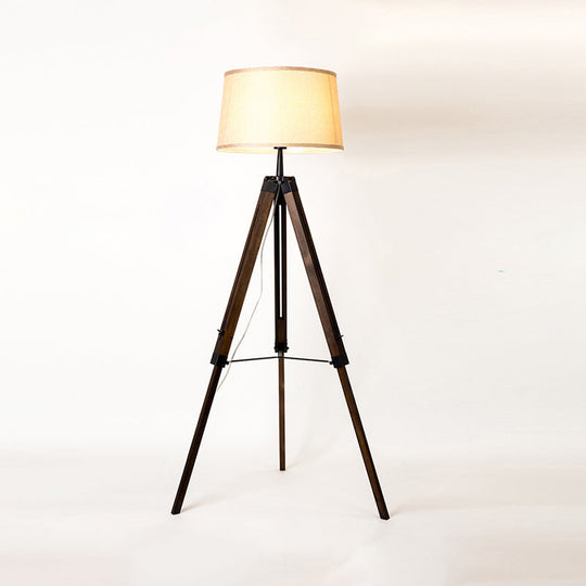 Floor Reading Lamp - Simplicity Single Head Wood Barrel With Tri-Leg Standing Light