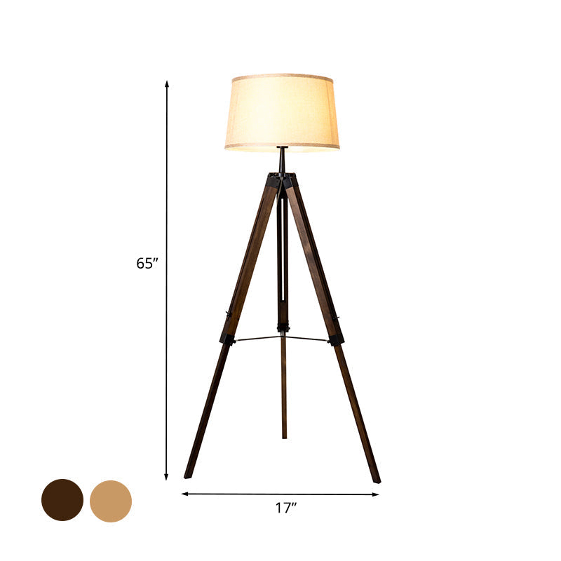 Floor Reading Lamp - Simplicity Single Head Wood Barrel With Tri-Leg Standing Light