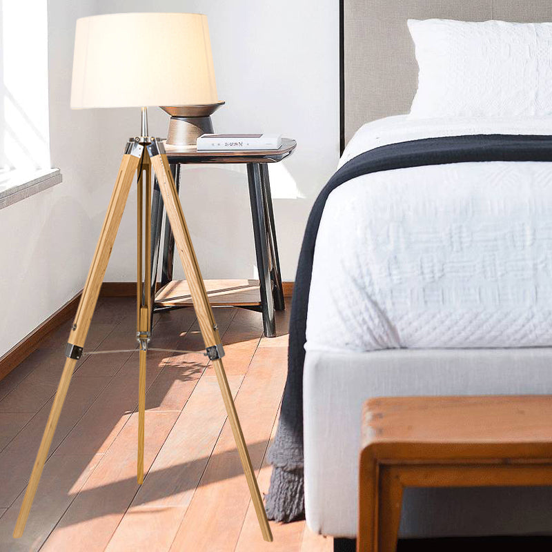 Floor Reading Lamp - Simplicity Single Head Wood Barrel With Tri-Leg Standing Light