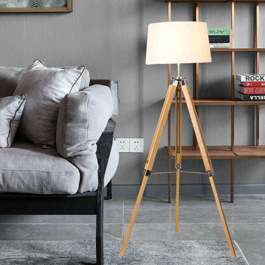 Floor Reading Lamp - Simplicity Single Head Wood Barrel With Tri-Leg Standing Light