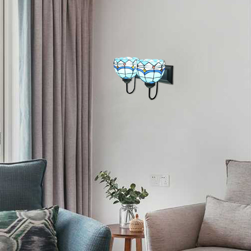 Mediterranean Wall Mount Sconce Lighting With Multicolor Stained Glass - 2 Heads Blue