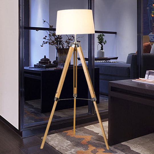 Floor Reading Lamp - Simplicity Single Head Wood Barrel With Tri-Leg Standing Light