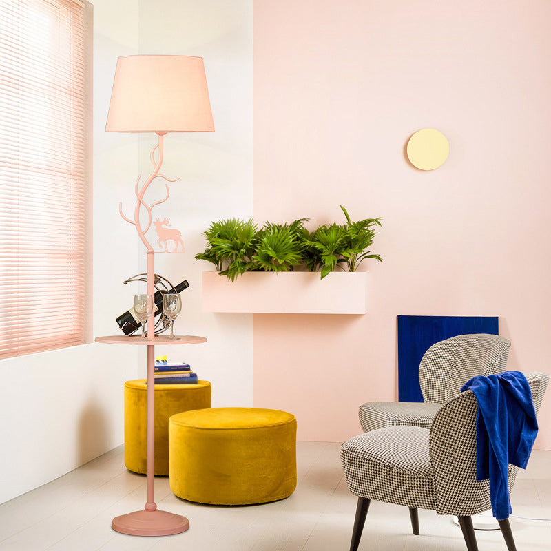 Macaron Pink Deer Floor Lamp With Metallic Cone Design & Shelf - 1-Bulb Standing Light