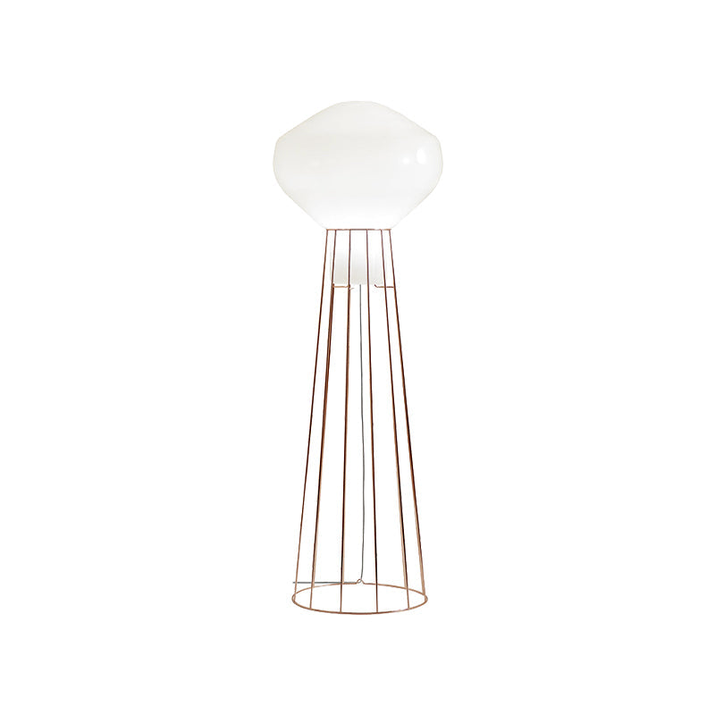Sleek Black/Rose Gold Geometric Floor Lamp With Dome Cage - Minimalistic Metal Stand Up Light For