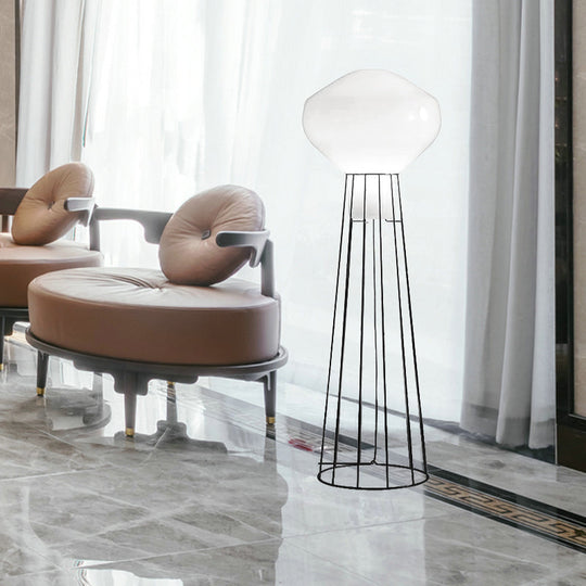 Sleek Black/Rose Gold Geometric Floor Lamp With Dome Cage - Minimalistic Metal Stand Up Light For