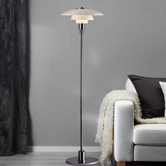 Contemporary 2 Tier Metallic Floor Lamp: Plate-Like Design 1 Head White For Living Room