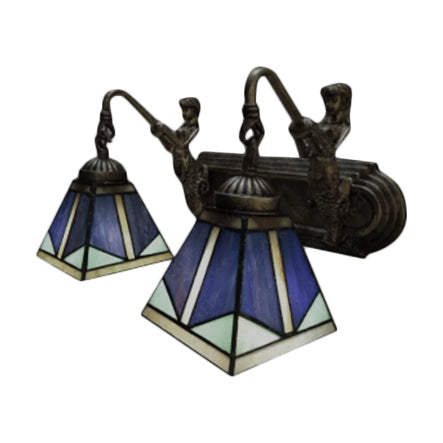 Tiffany Blue Glass Pyramid Wall Light Antique Brass Sconce Fixture