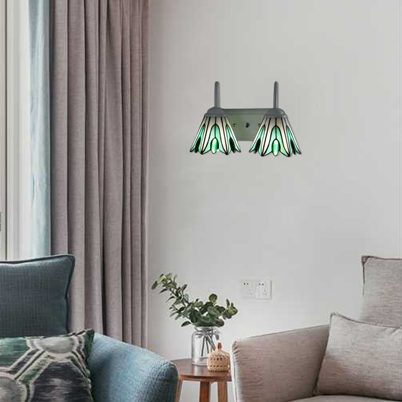 Green Tiffany Glass Wall Sconce Light Fixture - 2-Light Flower Design For Living Room