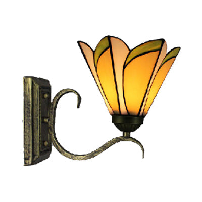 Yellow Tiffany Stained Glass Wall Lamp With Conical Design - Antique Bronze Finish
