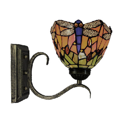 Dragonfly Wall Sconce With Rustic Tiffany Stained Glass - Orange For Library.