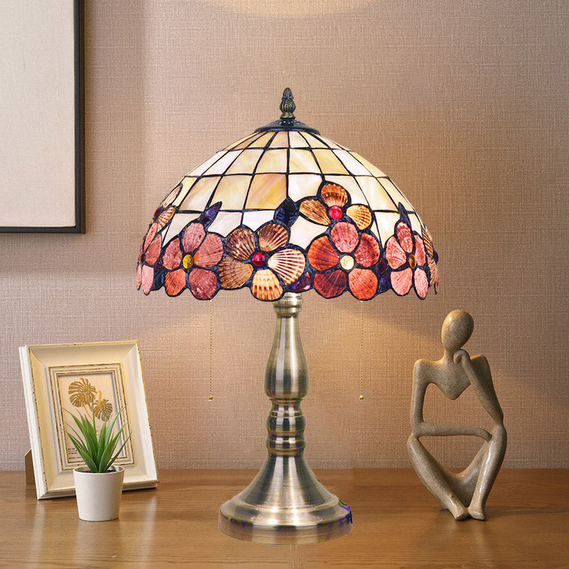 2-Light Tiffany Table Lamp With Flower-Border Grid Shell Shade Brushed Brass