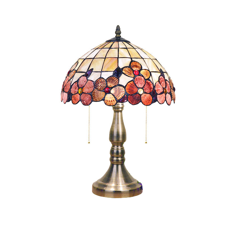 2-Light Tiffany Table Lamp With Flower-Border Grid Shell Shade