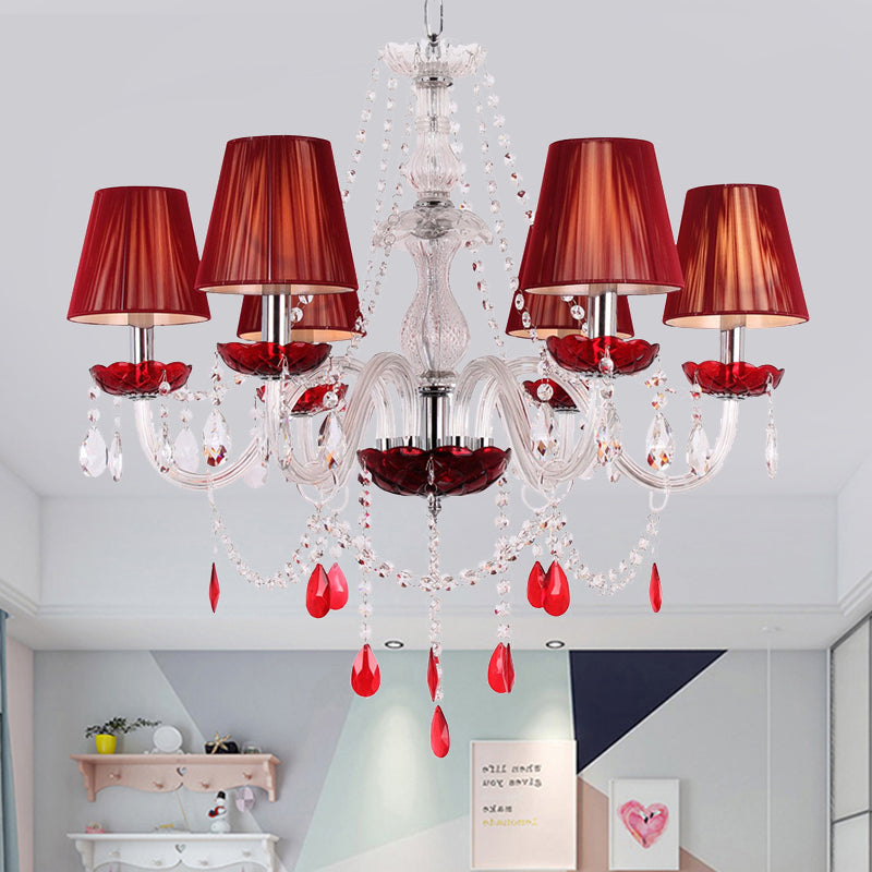Modern Red Crystal Pendant Chandelier With Conical Shade - 6 Bulbs