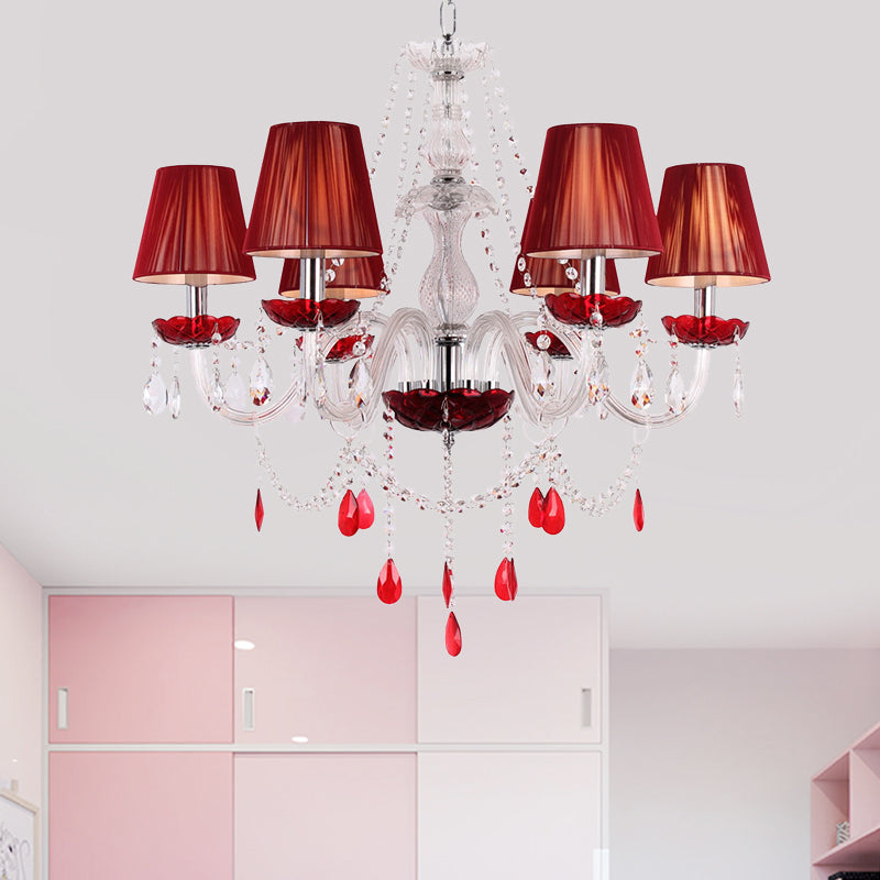 Modern Red Crystal Chandelier - 6 Bulb Pendant Light Fixture with Conical Shade