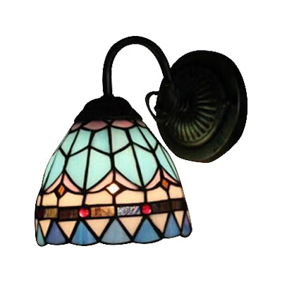 Blue Stained Glass Domed Wall Light - Mediterranean Style For Staircase
