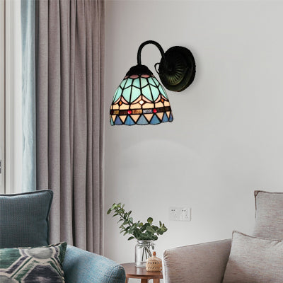 Blue Stained Glass Domed Wall Light - Mediterranean Style For Staircase