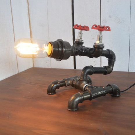 Farmhouse Style Open Bulb Table Light With Pipe-Like Base And Valve - Metal Standing In Black