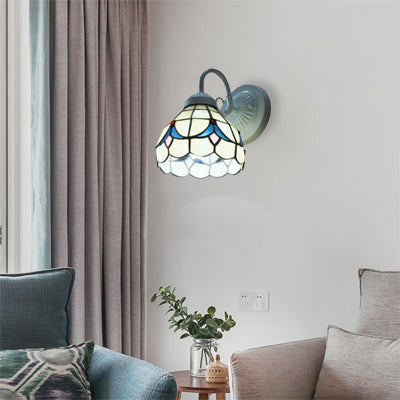 White Tiffany Glass Dome Sconce Lighting - Wall Mount Light For Living Room