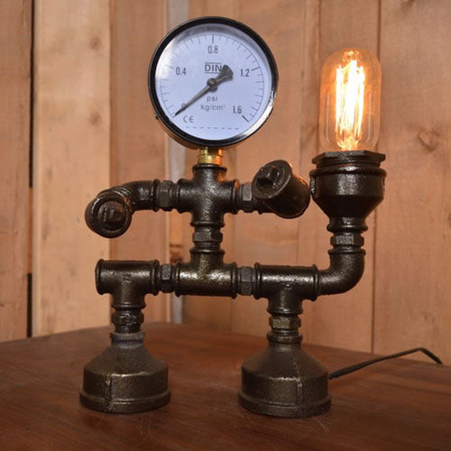 Stylish Black Vintage Pipe Man Table Lamp With Pressure Gauge - Perfect For Bedroom Lighting
