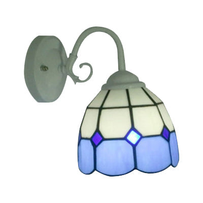 Tiffany Blue Stained Glass Wall Sconce Grid Bowl - 1 Light Hotel Lamp In White Finish
