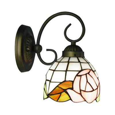 Victorian Dome Stained Glass Wall Sconce With Pink Rose Pattern - 1 Head Light Fixture