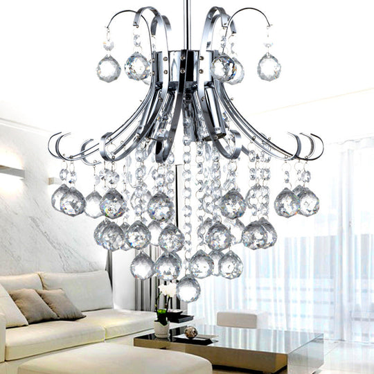 Modern Curvy Arm Chrome Chandelier Light With Crystal Accents - 3-Lights Ceiling Fixture For Dining