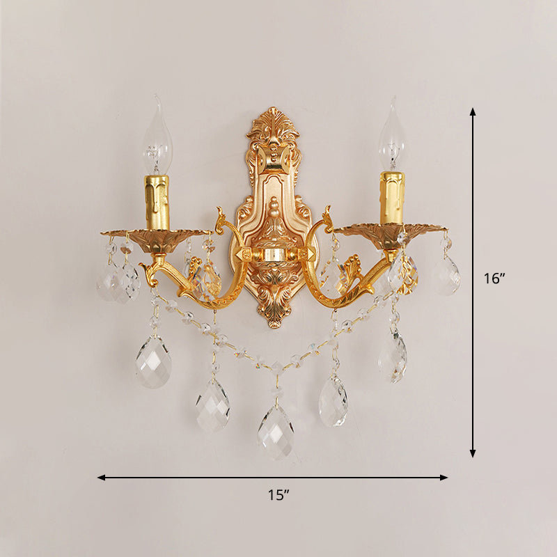 Modern Gold Wall Sconce With Crystal Drops - 1/2 Lights Metal Candelabra