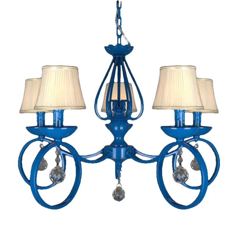 Blue Fabric Cone Pendant Lamp: Classic Chandelier Light Fixture With Crystal Draping Ideal For