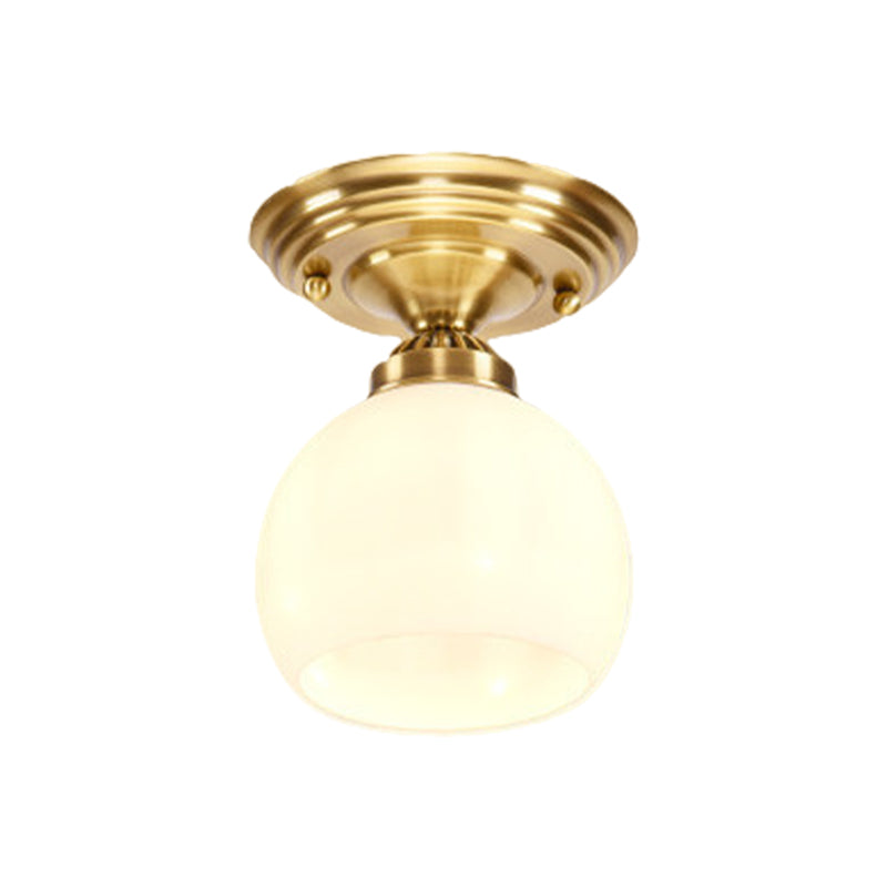 Classic 1-Light Glass Flush Mount Lamp In Brass - Globe/Cone Design For Corridor Ceiling Lighting