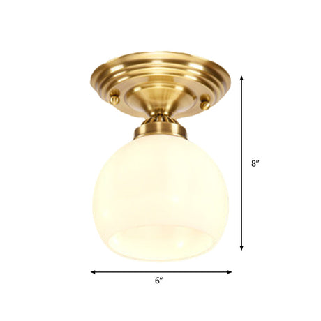 Classic 1-Light Glass Flush Mount Lamp In Brass - Globe/Cone Design For Corridor Ceiling Lighting