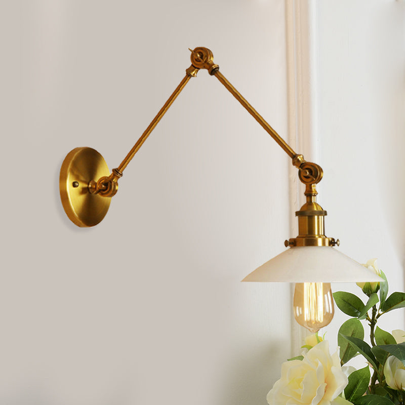 Vintage-Style Brass Wall Hanging Light With Cone Frosted Glass