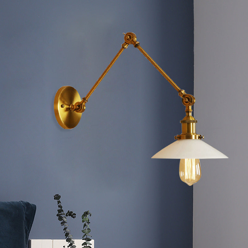 Vintage-Style Brass Wall Hanging Light With Cone Frosted Glass